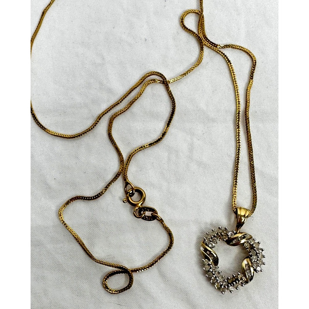 14k gold Necklace Diamond Heart Pendant Wheat Chain 18 in